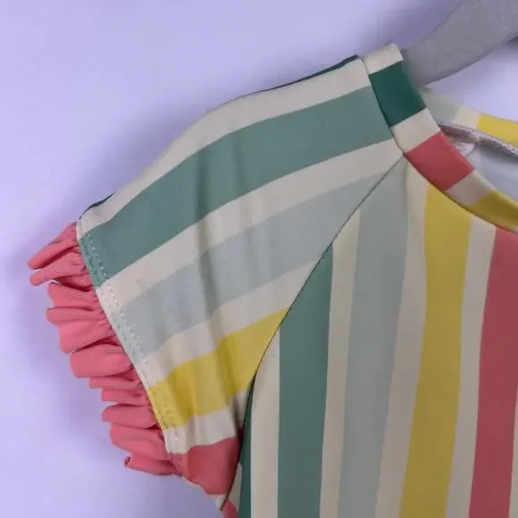 RuffleButts Rainbow Stripe Rash Guard Girls, Ruffle Trim, Swim Top, 2T-3T - Picture 3 of 8